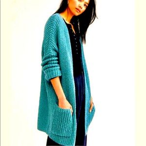 Free People Weekend Getaway Turquoise Dolman Sleeve Open Knit Furry Cardigan